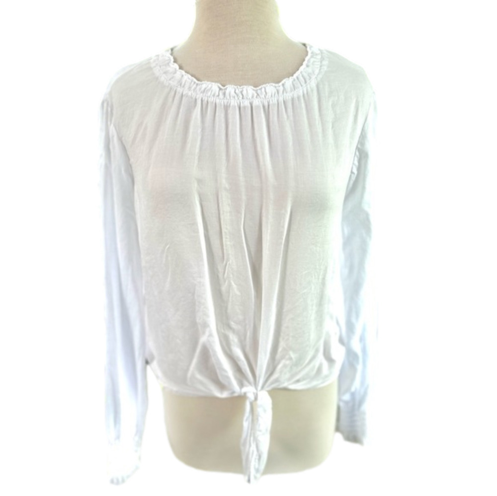 Bella Dahl Women’s Top White Medium Long Sleeve Tie Front Blouse Elastic Shirred